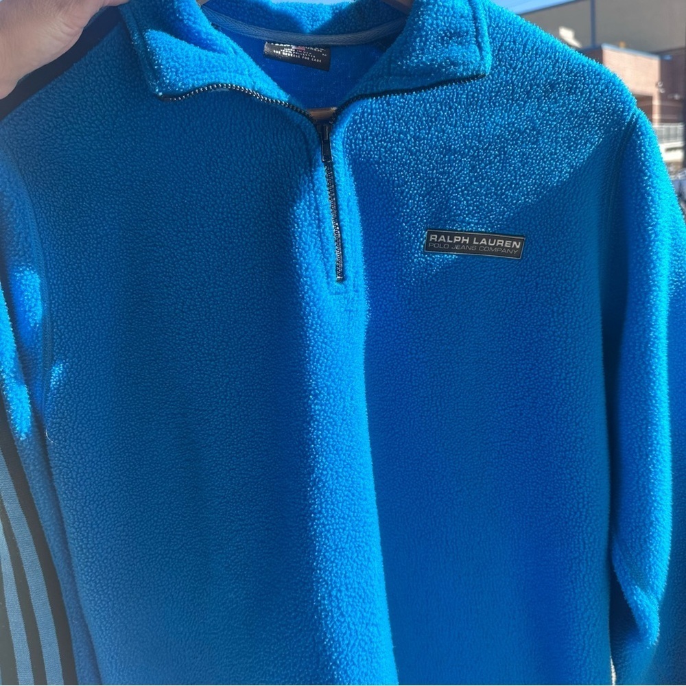 Vintage 90’s Men’s Ralph Lauren Blue Fleece with Black Stripes - Picture 4 of 5